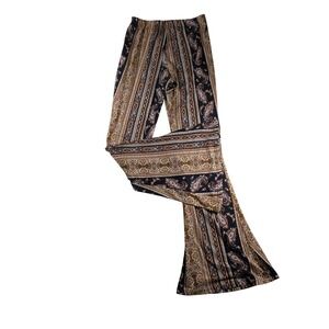 Mind Code Flared Palazzo Pants Women SMALL Black Brown Paisley Wide Leg Elastic